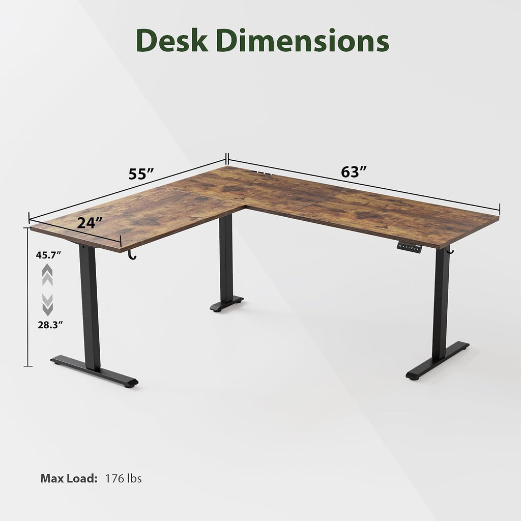63 x 55 Inch L Shaped Electric Standing Desk, Rustic Brown | Corner Desk, Ample Workspace, Memory Presets, Hooks