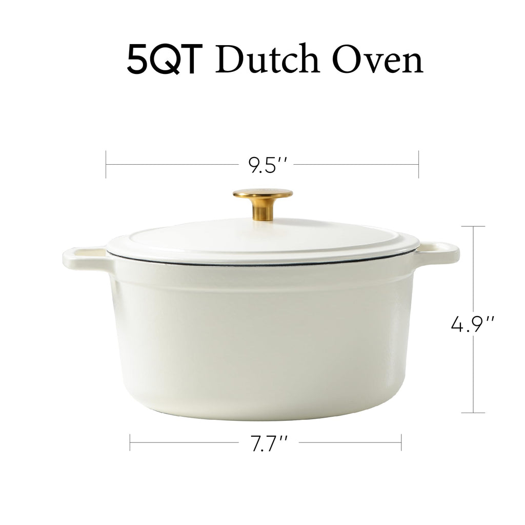 5QT Cream White Enameled Cast Iron Dutch Oven Pot with Lid