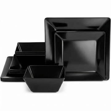 TP 12-Piece Melamine Dinnerware Sets, Square, Service for 4, Black