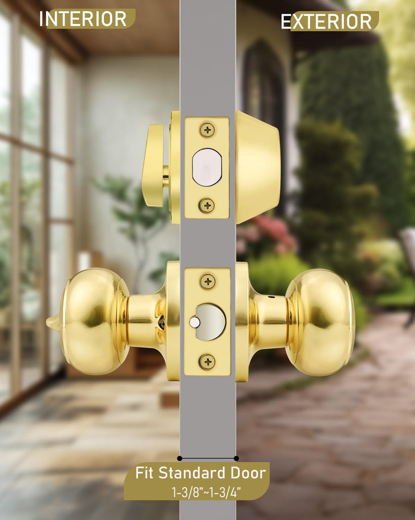 1 Pack Keyed Alike Front Door Knob and Deadbolt Set, Entry Door Locksets with Single Cylinder Deadbolt, Polished