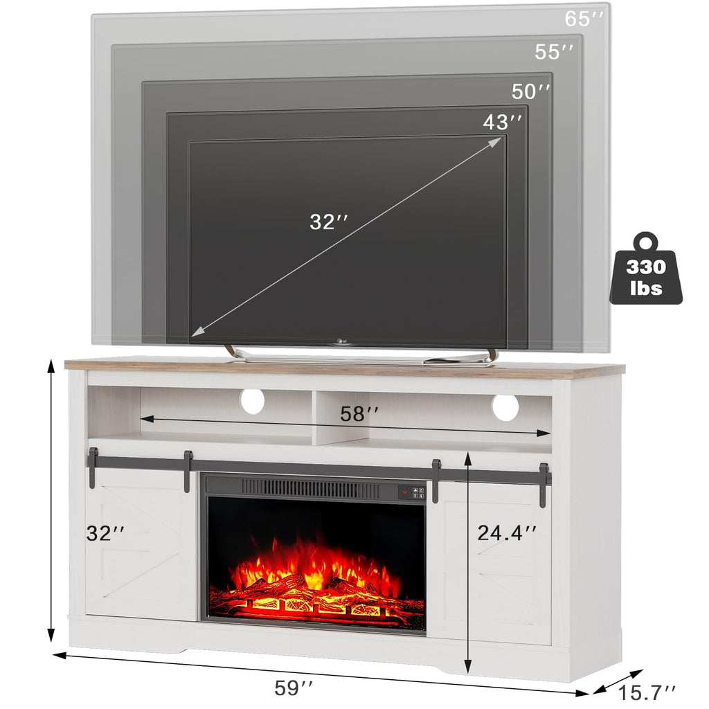 For TVs up to 65", Farmhouse Media Console, White | White Electric Fireplace TV Console with Storage Cabinets &