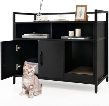 Cat Litter Box Enclosure, Litter Box Cabinet with Cat Scratcher, 2-Door Storage Cabinet, 2 Open Compartments and Air