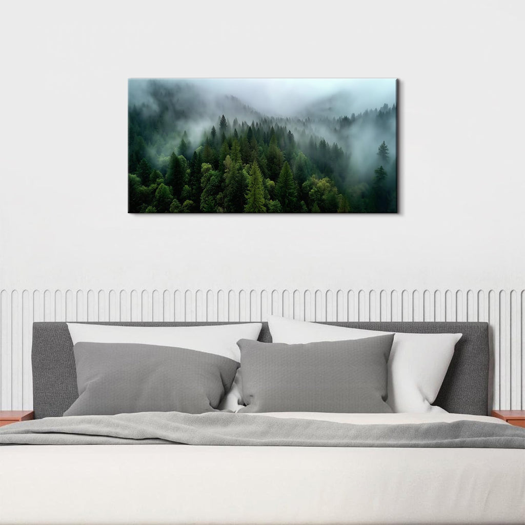 Forest Canvas Wall Art Misty Green Mountain Pine Tree Wall Decor Vintage Nature Foggy Scenery Picture Bedroom Cloudy