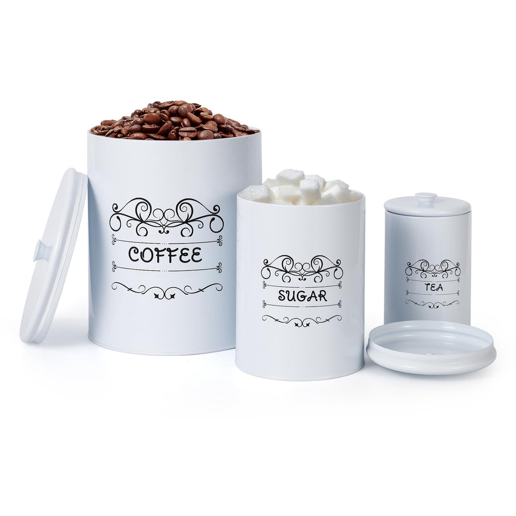 Country White Canisters Set of 3, Rustic Farmhouse Metal Containers with Airtight Lids, Kitchen Storage Canisters for