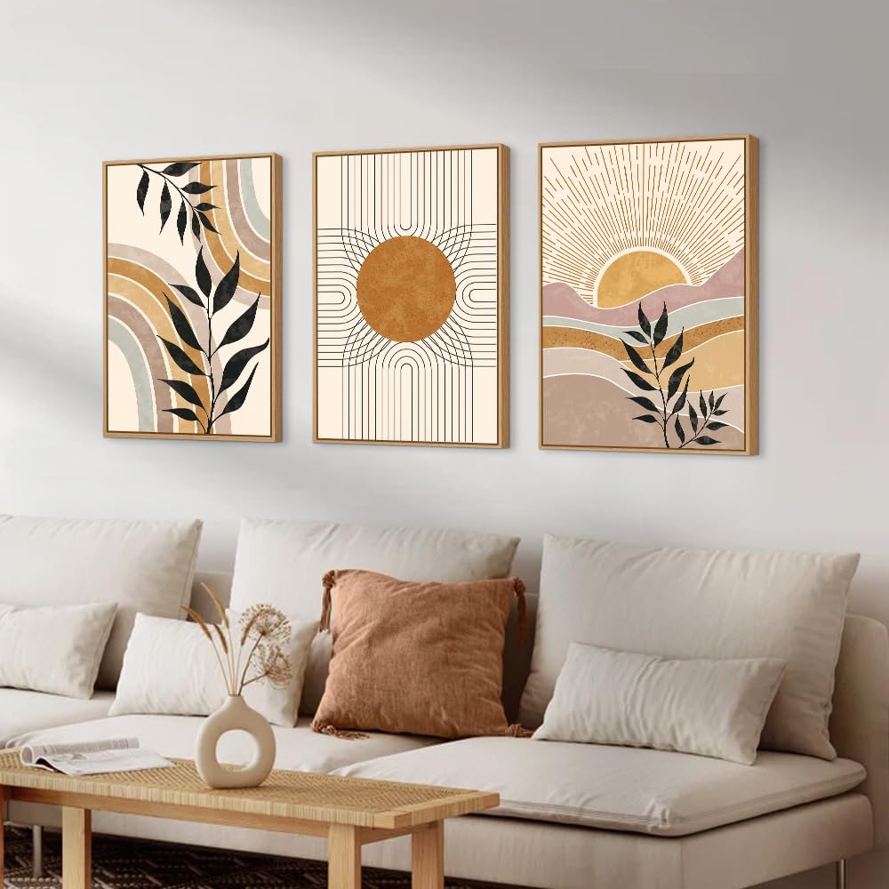 Boho Framed Canvas Wall Art Prints, Set of 3 Mid Century Modern Wall Decor, Nature Plants Desert Sun Art Paintings
