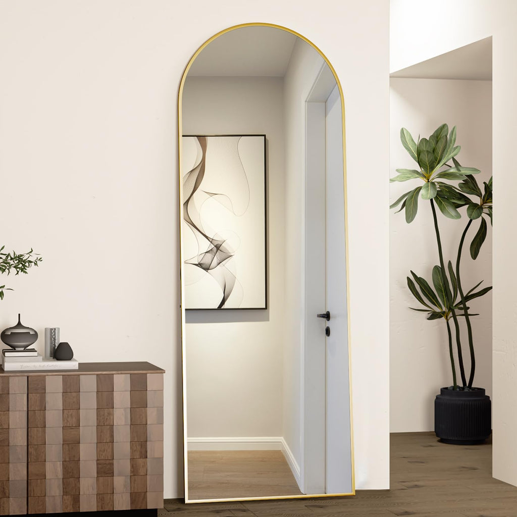 Full Length Mirror, 64"x21" Arch Mirror Floor Mirror with Stand, Gold Arched Full Body Standing or Leaning Mirror