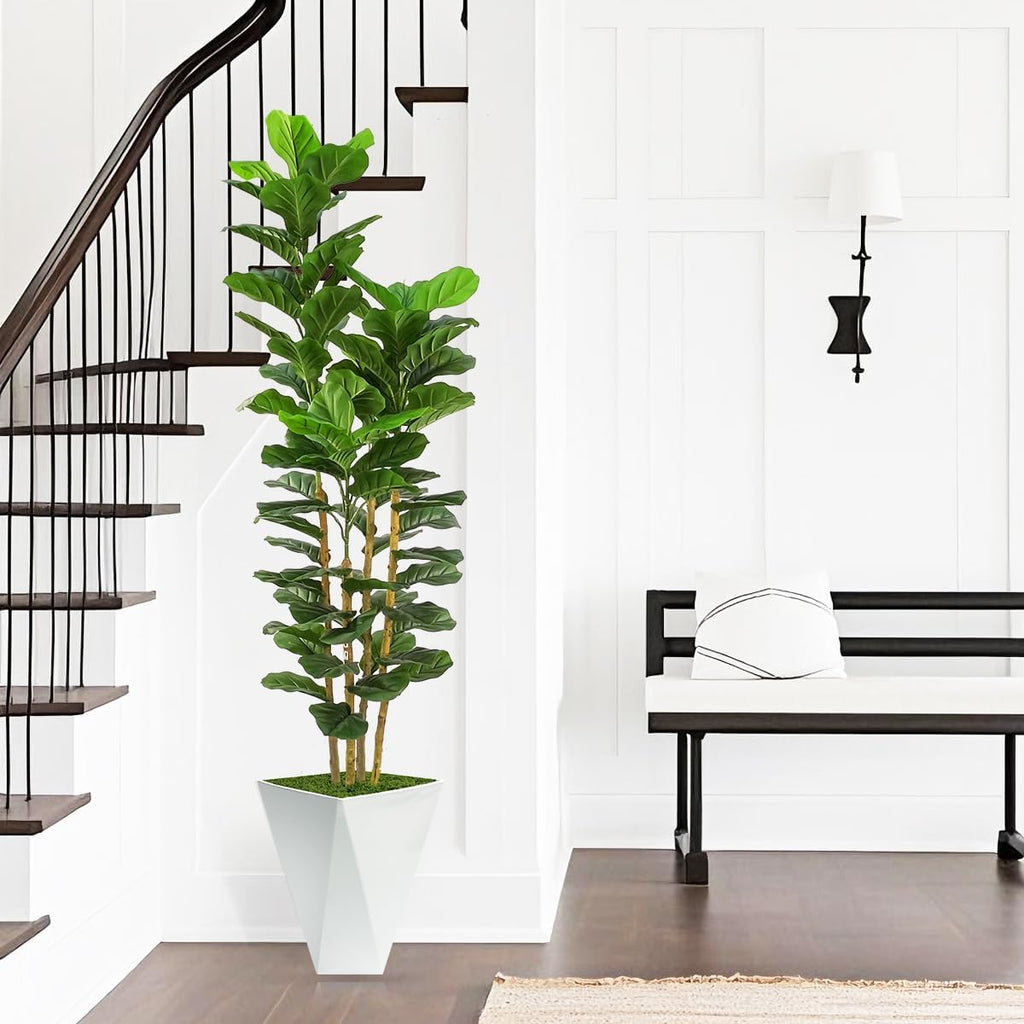 Fiddle Leaf Fig Tree,6ft Tall Fake Plant Indoor with White Planter,Faux Ficus Tree with Natural Wood Trunk Living