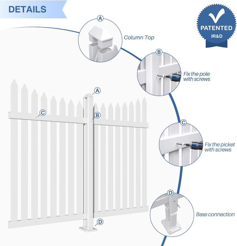 2 Sets 36" H x 84" L Vinyl White Picket Fence Panels No Ground Spike Decorative Fencing for Pool Garden Backyard