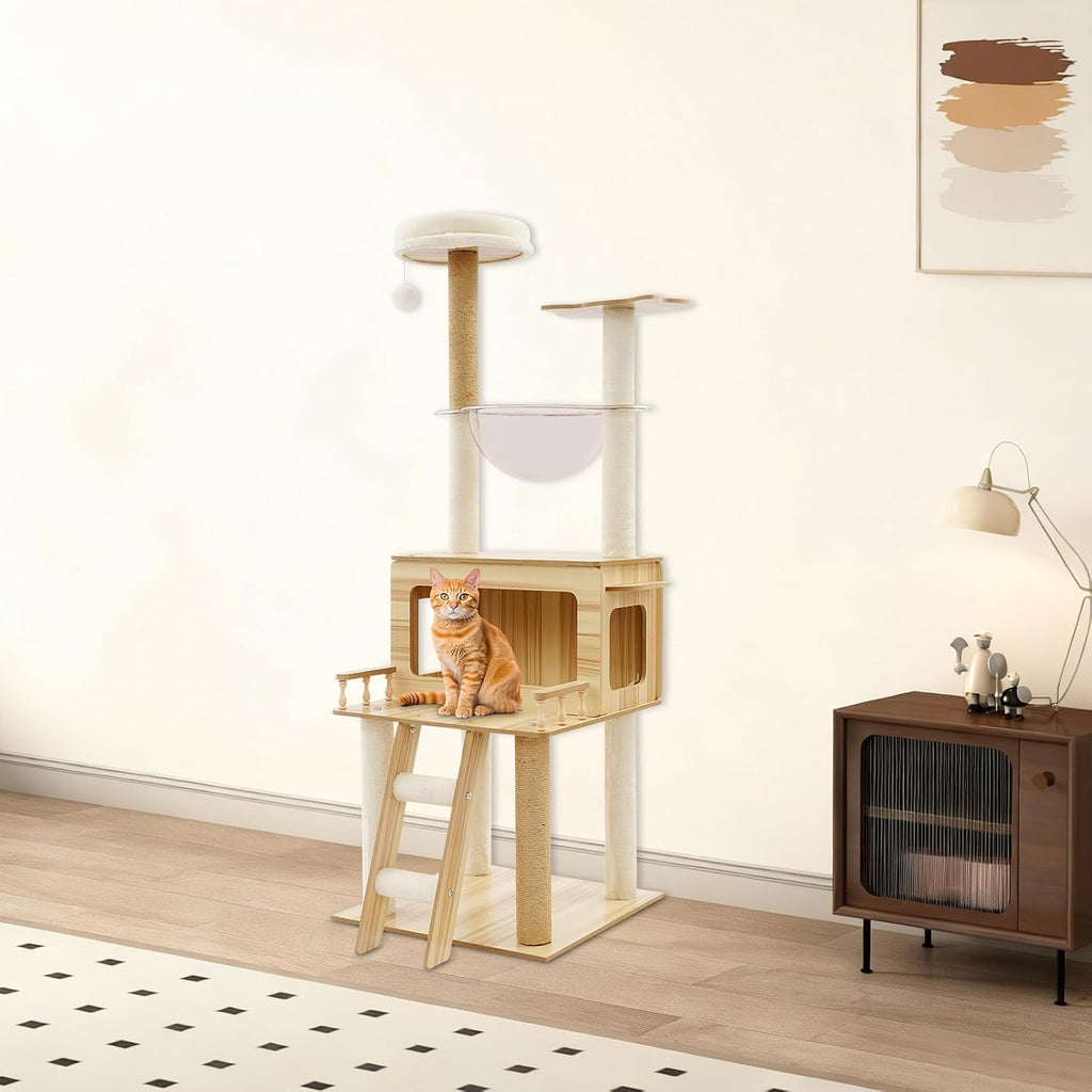 57.9in Wood Cat Tree Tower for Indoor Cat, Modern Minimalist Cat Furniture with Cat Scratching Post & Observation