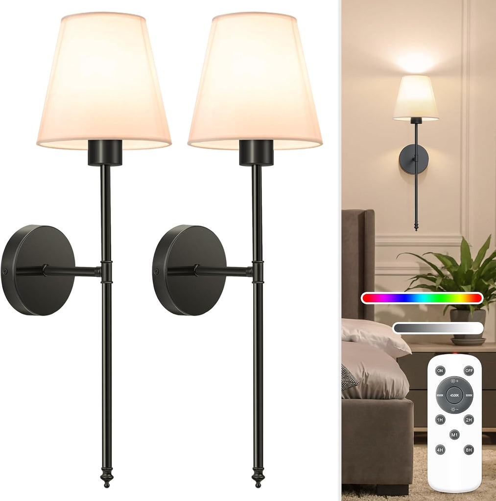 Battery Operated Wall Sconce Set of 2,Black Rechargeable Wall Lights with 10400mAh Dimmable Bulbs and Remote,10