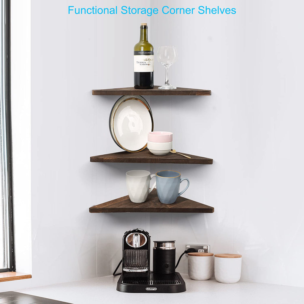 Corner Wall Shelf Set of 3, Floating Corner Shelves, Rustic Wood Wall Storage Display Shelves (Dark Brown)