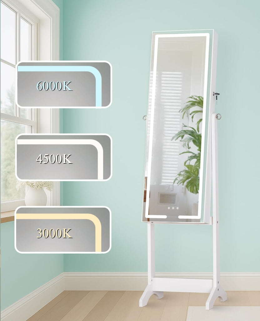 Lockable LED Standing Mirror with Storage, 60.2 in Jewelry Cabinet