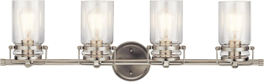Brinley 32.25" Vanity Light in Brushed Nickel, 4-Light Farmhouse Bathroom Vanity Light with Clear Glass, (32.25" W x