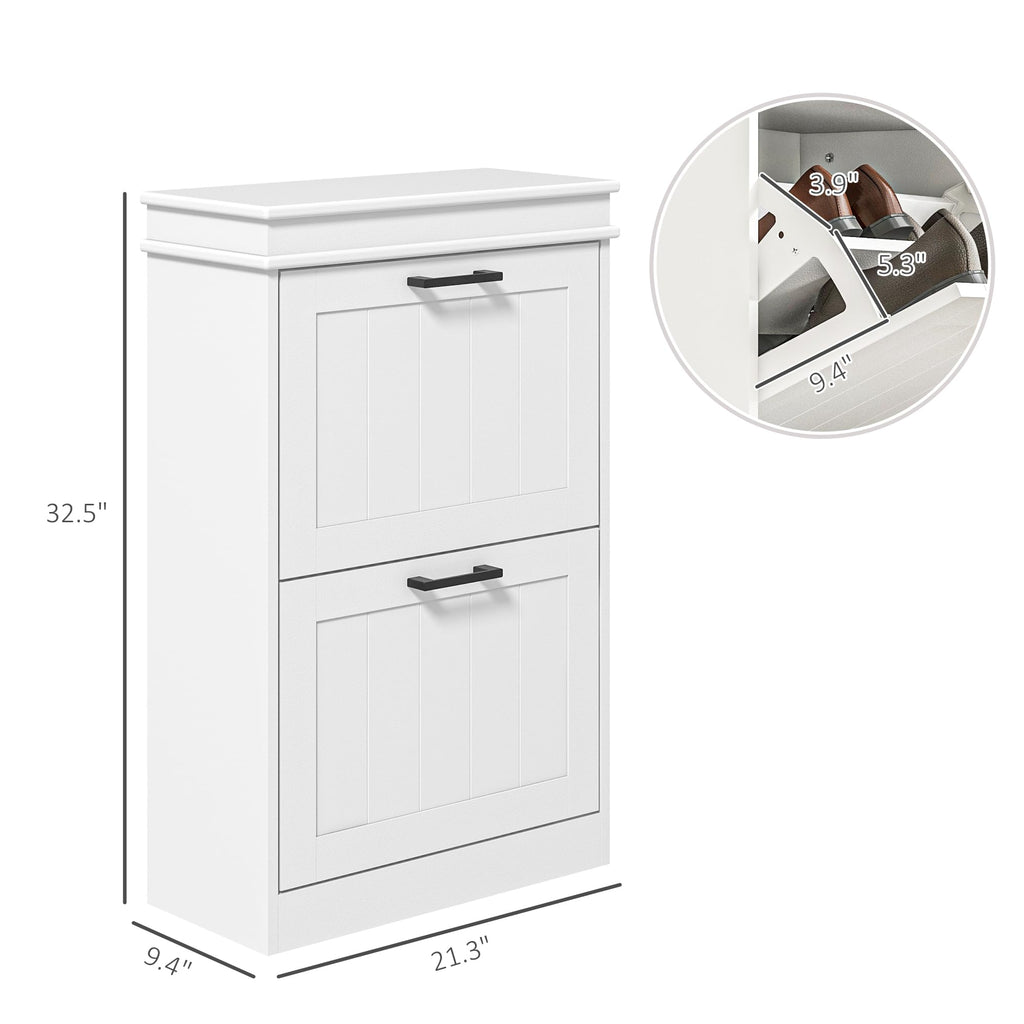 Narrow Shoe Cabinet with 2 Flip Drawers, Modern, White