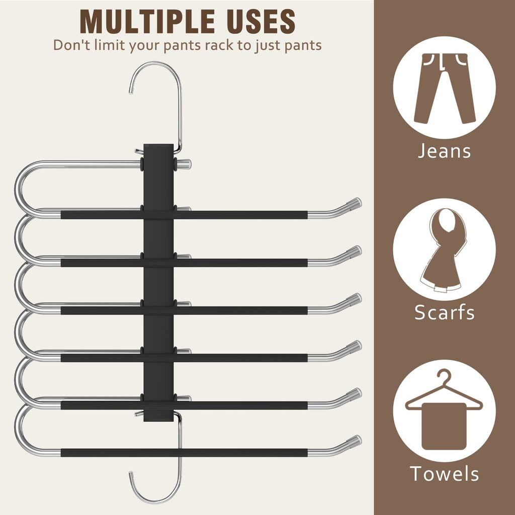 4 Pack 6-Tier Space Saving Pant Hangers, Anti-Slip, Lightweight, Stainless Steel, Black, 6 Pairs Jeans Hangers