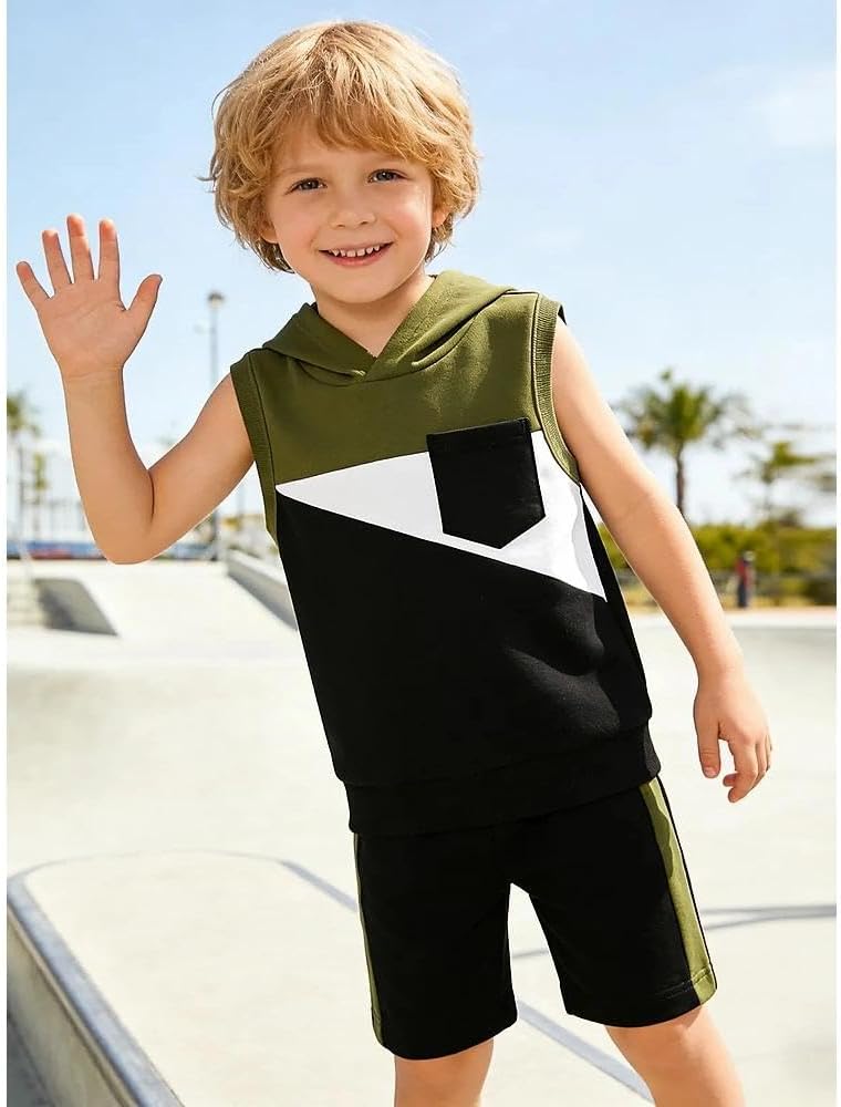 Toddler Boy's 2 Piece Outfits Color Block Sleeveless Hoodie Tank Tops & Shorts Set Boys Summer Clothes