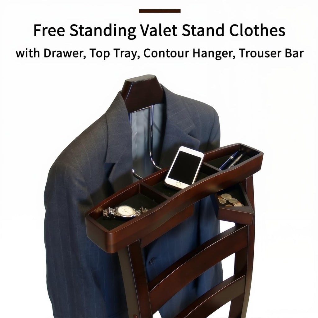 Wood Chair Valet Stand With Hanger Trouser Bar, Top Storage Tray Wardrobe, Clothing Rack Chair Valet With Cushion