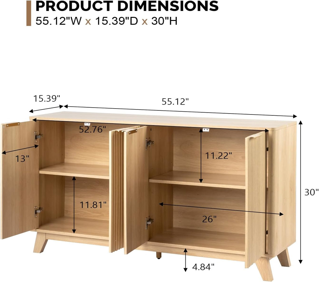 Fluted Sideboard Buffet Cabinet with Storage, Storage Cabinet with Doors and Adjustable Shelves, Buffet for Kitchen