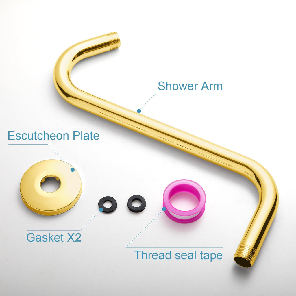 Shower Head Extension Arm 12 in, Bright Gold S Shaped Shower Arm with Flange High Rise Goose Neck Shower Arm Extension