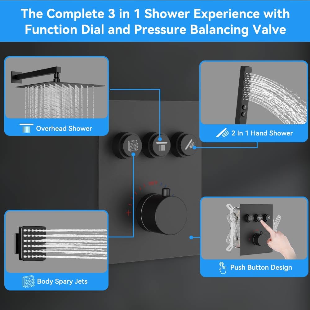Thermostatic Shower System with Body Jets, 12" Rain Shower with 2 in 1 Handheld, Can Use All at Once, Push Button