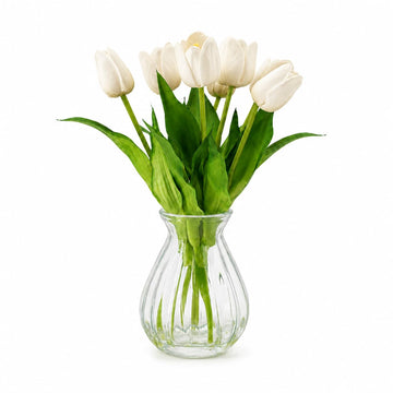 Artificial Tulips with Ribbed Glass Vase, White