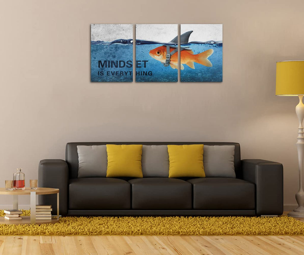 3 Panels Modern Framed Inspirational Canvas Wall Art Goldfish Body Strong Shark Heart Mindset is Everything