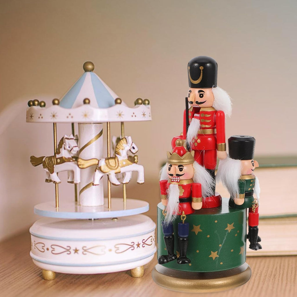 Wooden Nutcracker Music Box Clockwork Wind Up Musical Carousel Nutcracker Puppets Music Toy Nutcracker Soldier