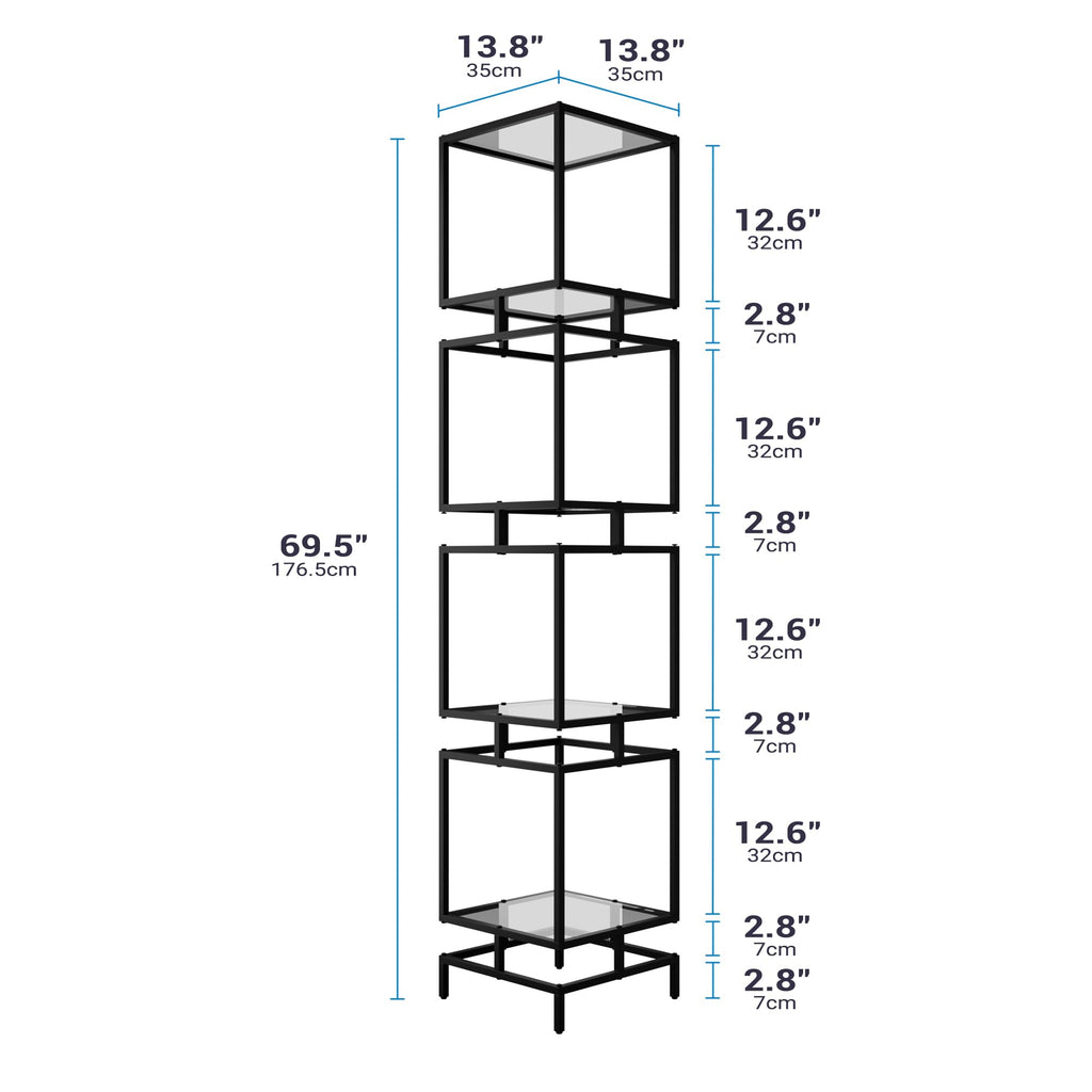 4 Cube Glass Shelf, 4-Tier Bookshelf, Display Shelf Rack, Metal Storage Rack with Tempered Glass, Modern Style, Black