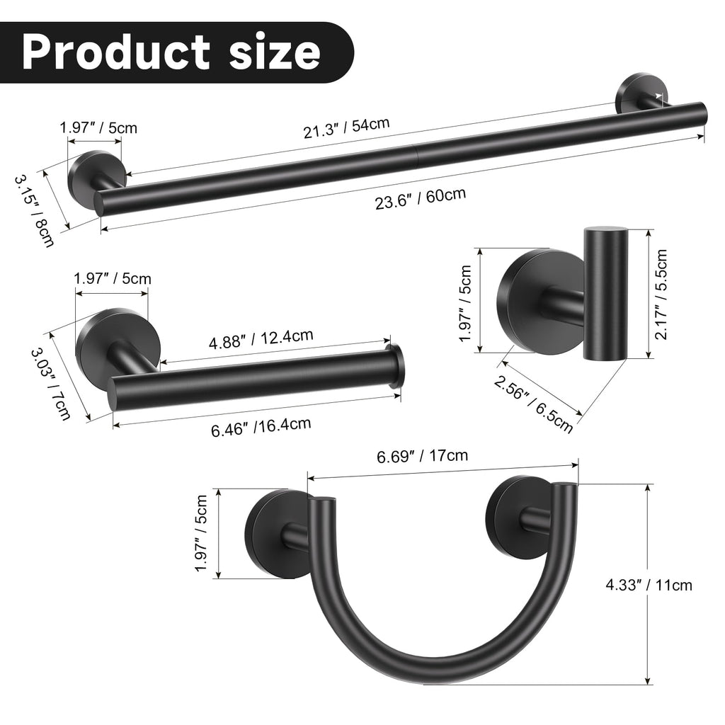 Matte Black Towel Bar Set, 5-Piece Bathroom Hardware Set with Smiley Face Towel Rings, Stainless Steel Wall-Mounted