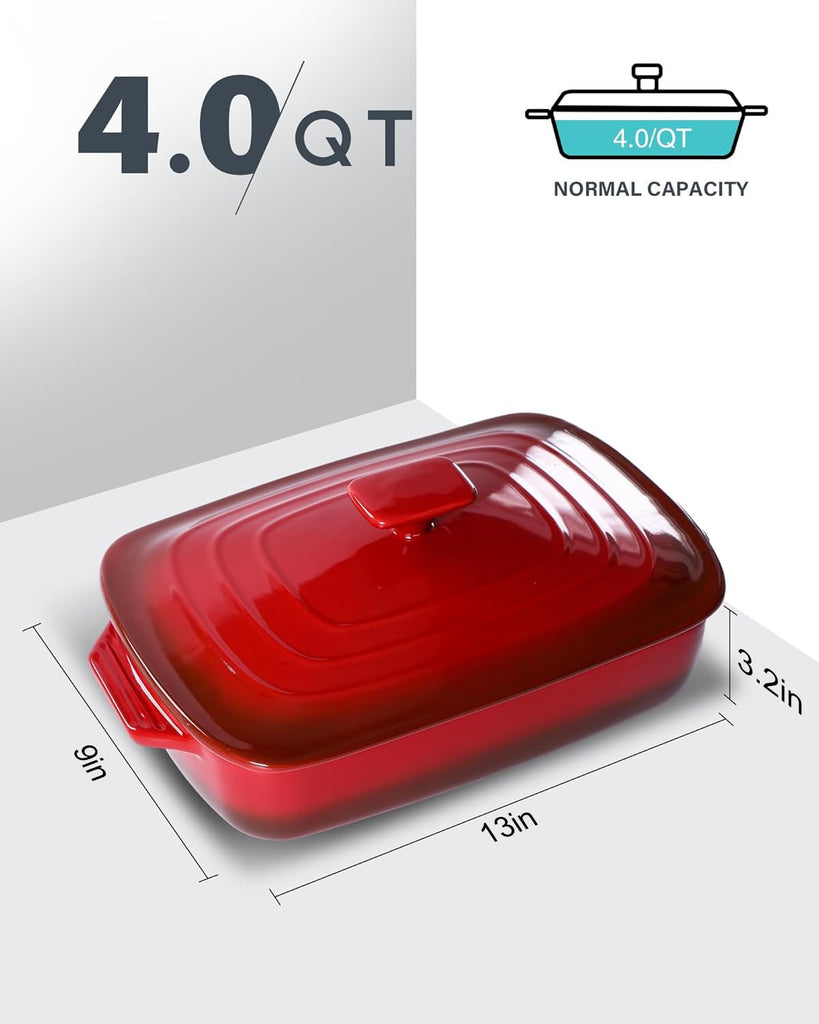 Large Ceramic Casserole Dish with Lid, 4 QT Baking Dish, Red