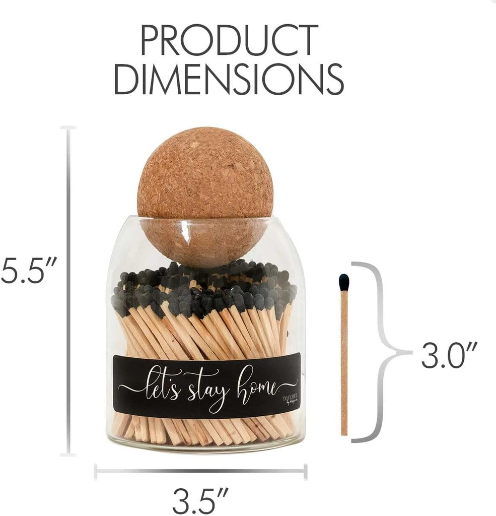 Let's Stay Home Cute Glass Match jar Cloche | Approx 135 Decorative Wooden Black tip Matches for Candles & décor
