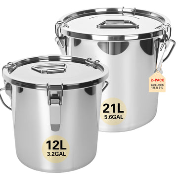 21L/5.6GAL and 12L/3.2GAL Stainless Steel Airtight Canister, Food Storage Canisters with Lid&Locking Clamp for Rice
