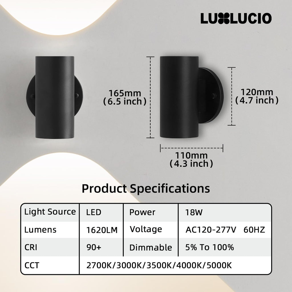 Black Aluminum Up & Down Hardwired Cylinder Indoor LED Wall Sconce