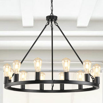 12 Lights Wagon Wheel Chandelier,31.5 inch Black Round Rustic Industrial Vintage Farmhouse Chandeliers for Outdoor