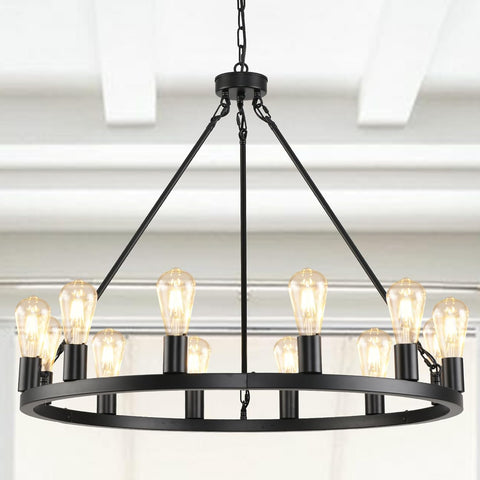 12 Lights Wagon Wheel Chandelier,31.5 inch Black Round Rustic Industrial Vintage Farmhouse Chandeliers for Outdoor