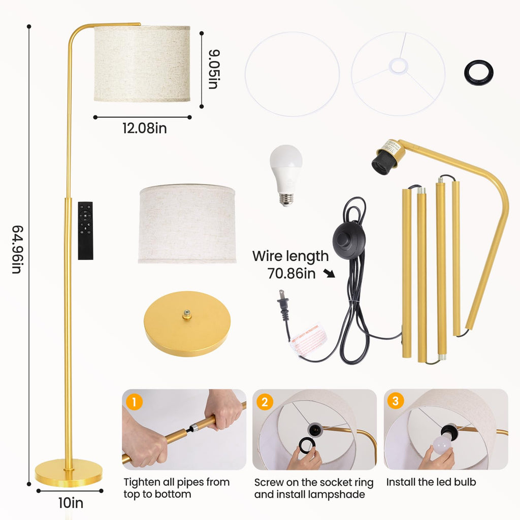 Arc Floor Lamp with Remote and Dimmable Gold Floor lamps