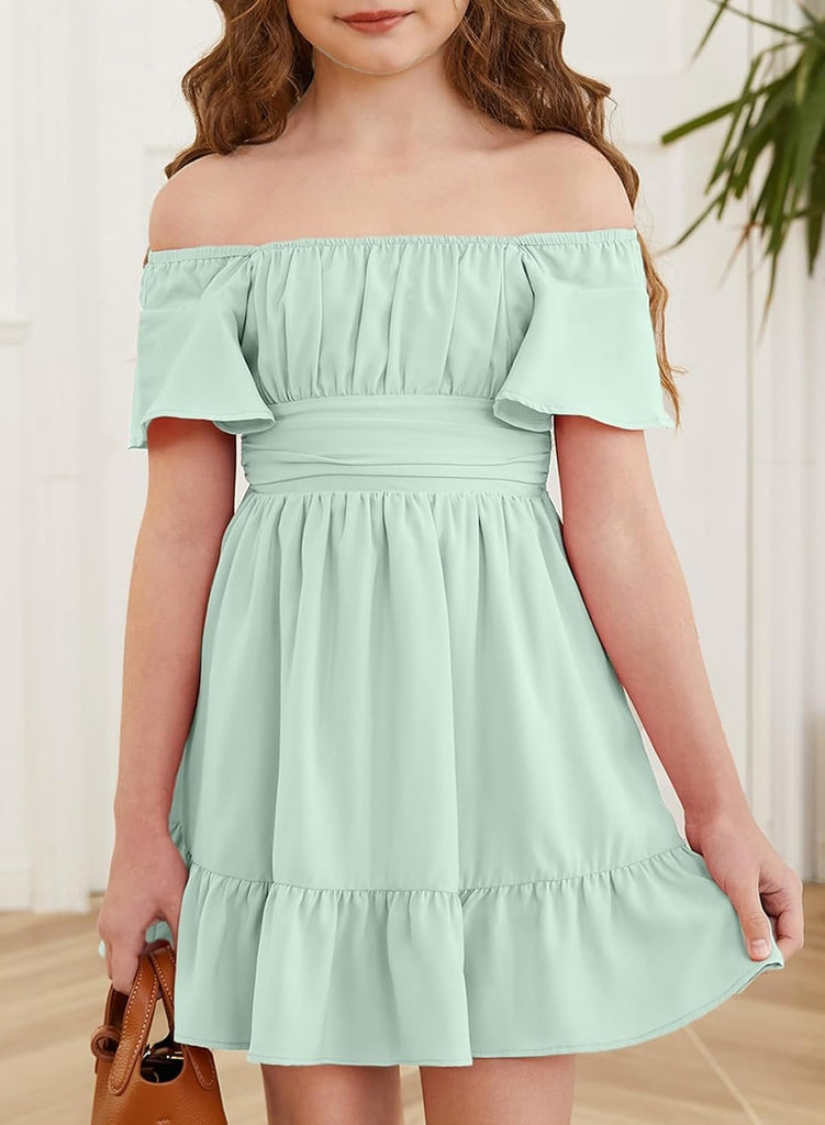 Girls Summer Tie Back Dresses Kids Off Shoulder Dress