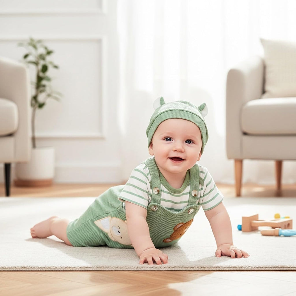 Baby Boy Clothes Newborn Striped Romper Bear Overall Hat Set