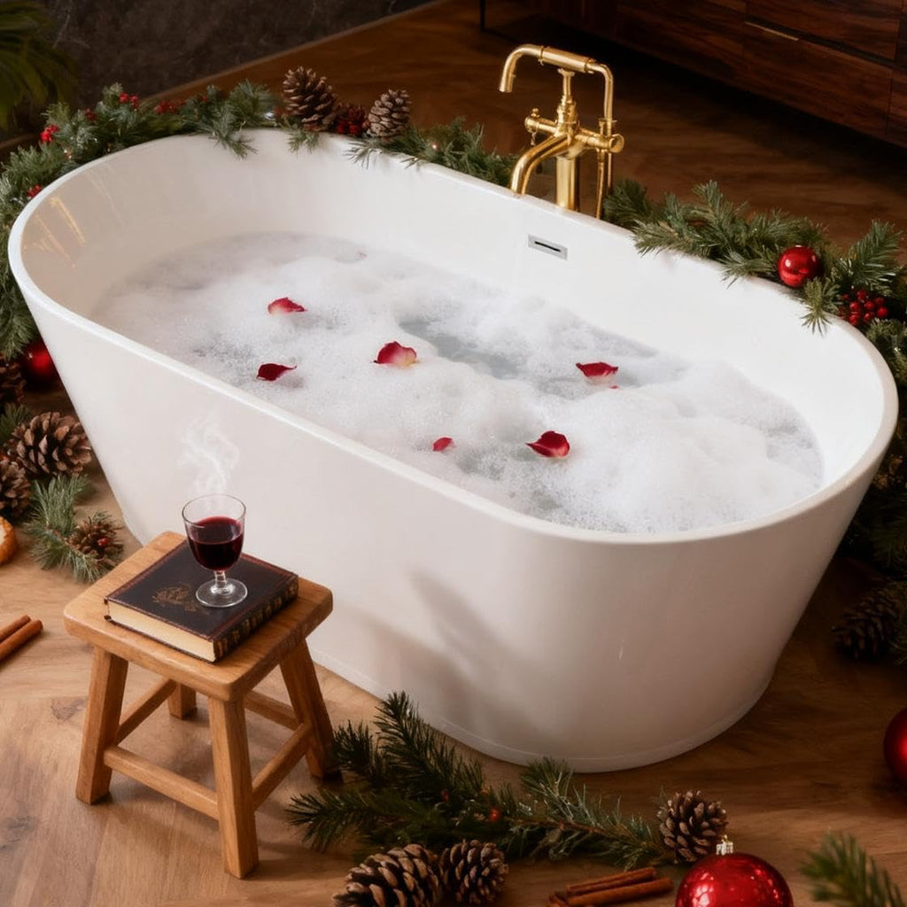 Acrylic Freestanding Soaking Bathtub with Toe-Tap Chrome Drain, Oval Stand Alone Tub, Ergonomic Soaking Tub (67")