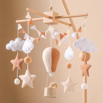 Wooden Bed Bell Crib Mobile with Music Box - Soft Felt Cartoon Bear Hanging Rattle Toy Decor, Handcrafted