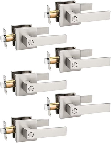 6 Pack Privacy Square Brushed Nickel Door Handles Interior, Keyless Door Knobs /Bathroom, Reversible for Left Right