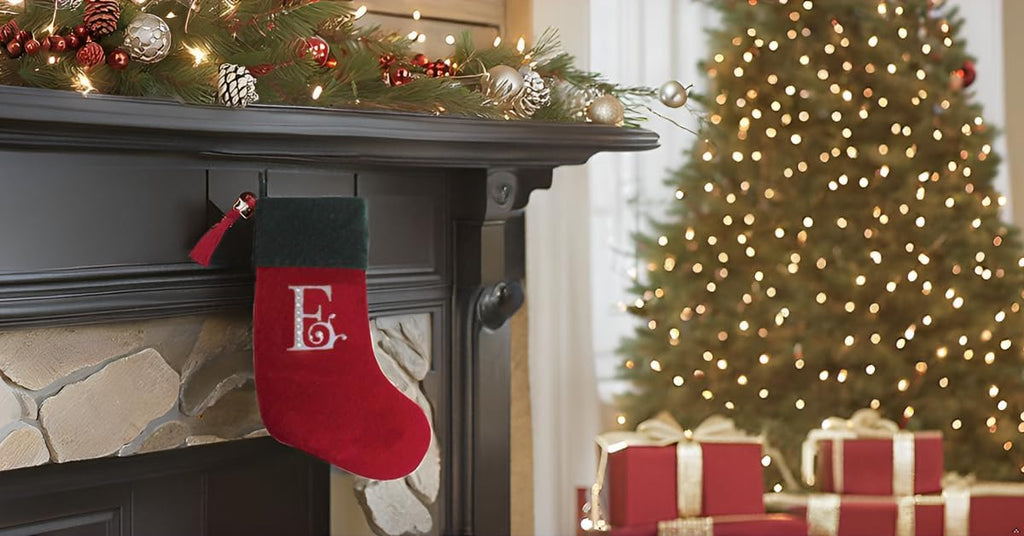 Red and Green Velvet Rhinestone Monogram Christmas Stocking - E
