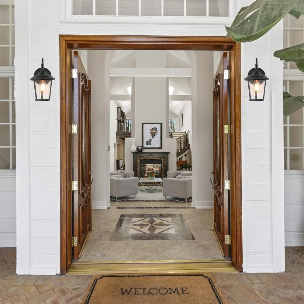 Black Outdoor Wall Light, Farmhouse Exterior Light Fixture Wall Mounted Sconce, Seeded Glass Outdoor Porch Lights