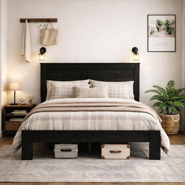 Wooden Bed Frame with Headboard, Farmhouse Platform Bed