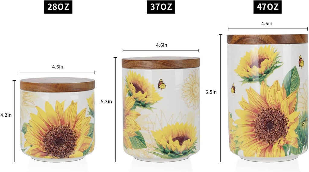 Sunflower Ceramic Canister Sets Counter,Tea Coffee Sugar Canister Set with Bamboo Lid - Set of 3