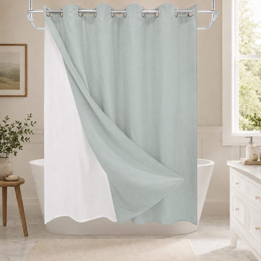 No Hook Shower Curtain Set with Snap-in Detachable Liner, 230 GSM Waffle Weave Fabric, Heavy Duty Water-Repellent