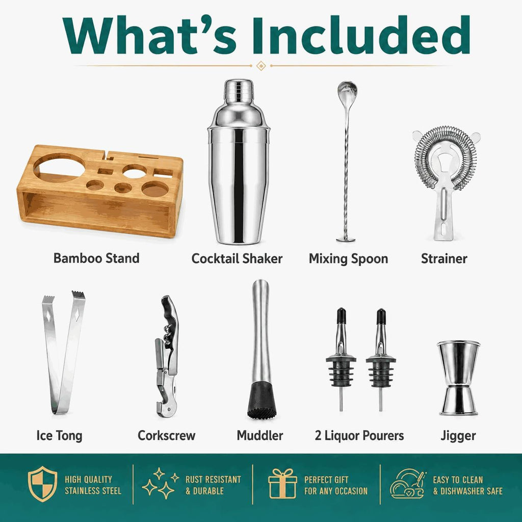 Cocktail Shaker Set, 18/8 Food-Grade Stainless Steel Mixology Bartender Kit 10-Piece Bar Tools with Stylish Bamboo