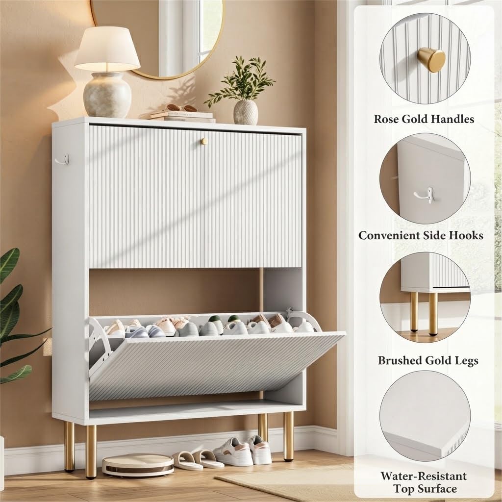 Shoe Storage Cabinet - 2 Flip Drawers Shoe Cabinet with Tiered Fluted Design - Slim Shoe Storage Rack with Gold Legs