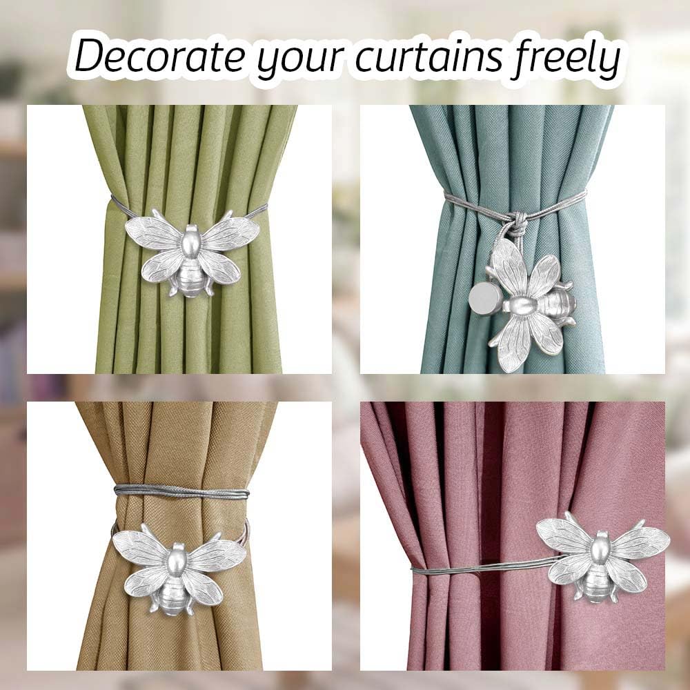 Curtain Holdbacks Set of 2, Gift, Resin Magnetic Curtain Tiebacks Silver Flying Bee Curtain Holders, Decorative