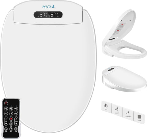 Round Electric Heated Bidet Toilet Seat with Instant Warm Water, Air Dryer, Feminine and Rear Wash, Wireless Remote, Self-Cleaning Nozzle, Slow-Close Lid, Temperature Display, Energy Saving Mode